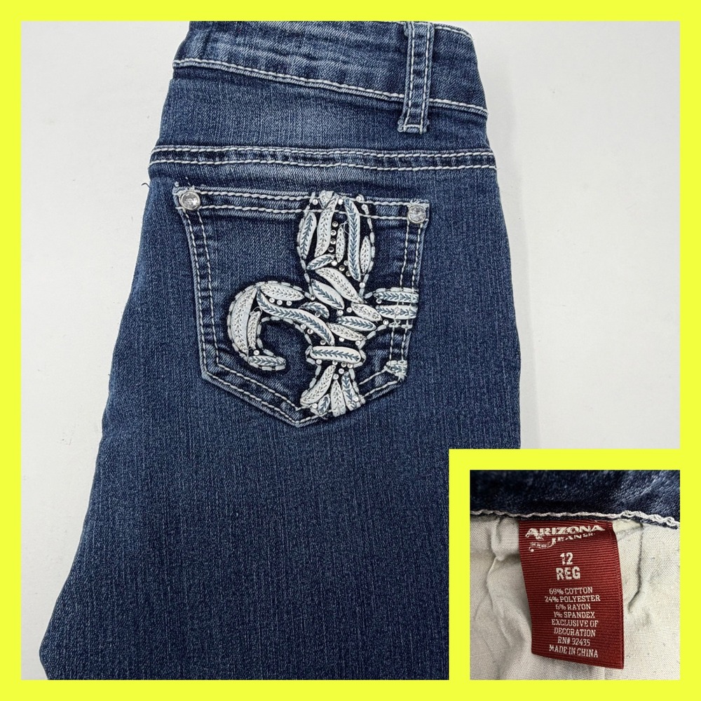 Arizona Jean Co Girls 12 Reg Bootcut Jeans‎ Fleur De Lis Embellished Bling Blue